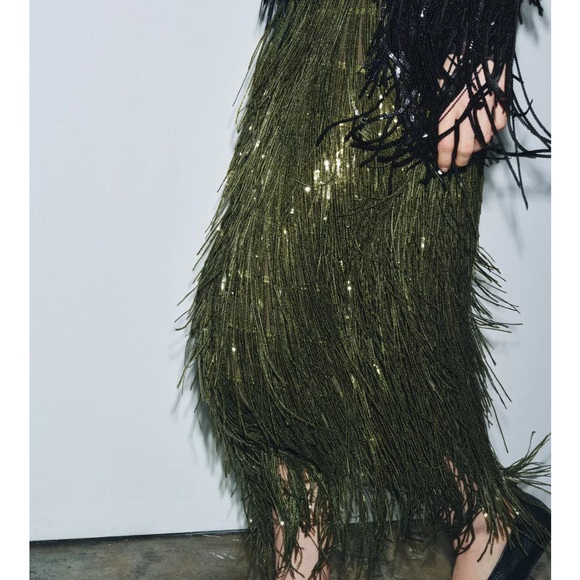 Elegant Olive Green Fringe Skirt - Picture 2 of 4